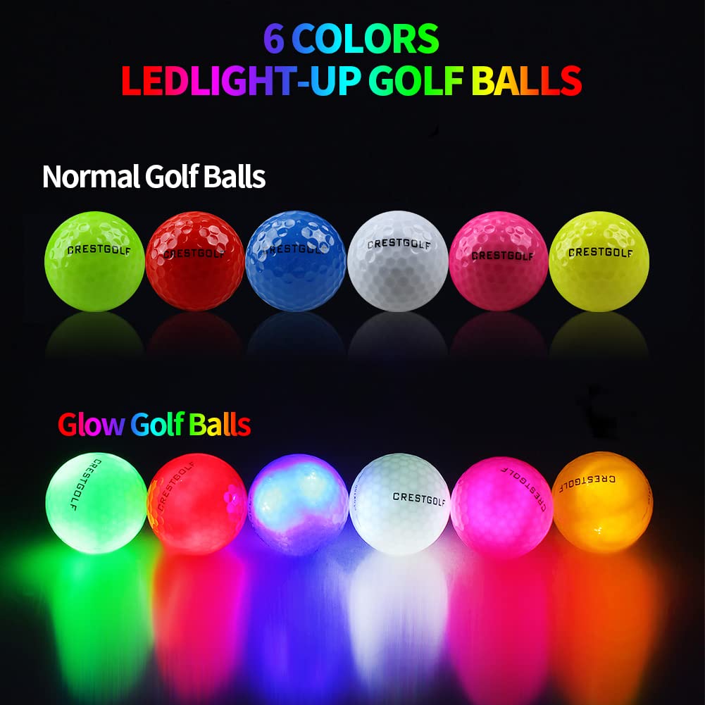 Crestgolf Palline da golf Glow in the Dark, Palline da golf Glow con 4 luci Palline da golf a LED luminose per la notte e regalo di golf per golfisti, 6 pezzi, senza borsa a rete