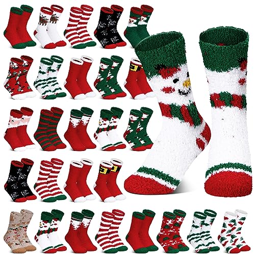 Image of Hoolerry 30 Pairs Christmas Fuzzy Socks in Bulk for Women Adult Men Gifts Fluffy Holiday Winter Socks Unisex Warm Crew Gifts