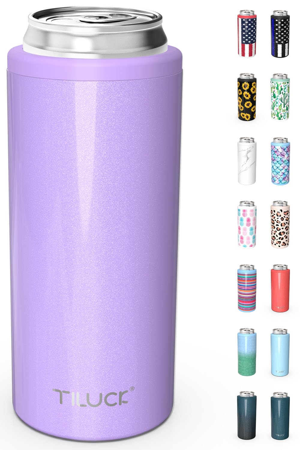 TILUCK Skinny Can Cooler for Slim Beer & Hard Seltzer, Stainless Steel, Doucle-Walled Stainless Steel Insulated Slim Cans, Standard 12 oz (Lavender)