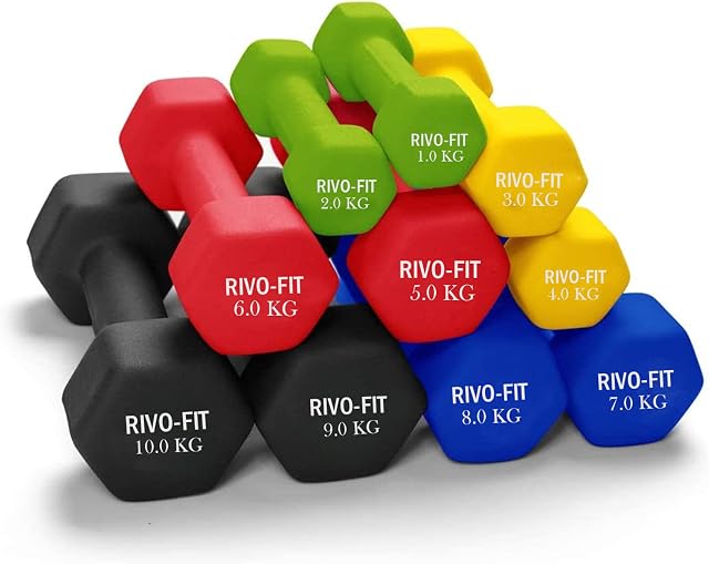 Rivo-Fit Dumbbell Pair Hand Weights Hex Neoprene Coated Cast Iron Strength Training Fitness 1kg 2kg 3kg 4kg 5kg 6kg 7kg 8kg 10kg