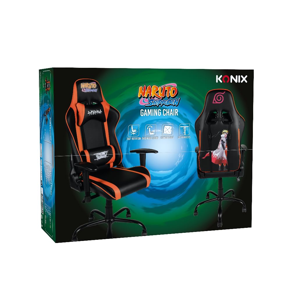 Konix Naruto Shippuden Sedia gaming premium - Inclinazione del sedile fino a 150° - Pelle PU liscia - Design Naruto Hokage - Nero e arancione