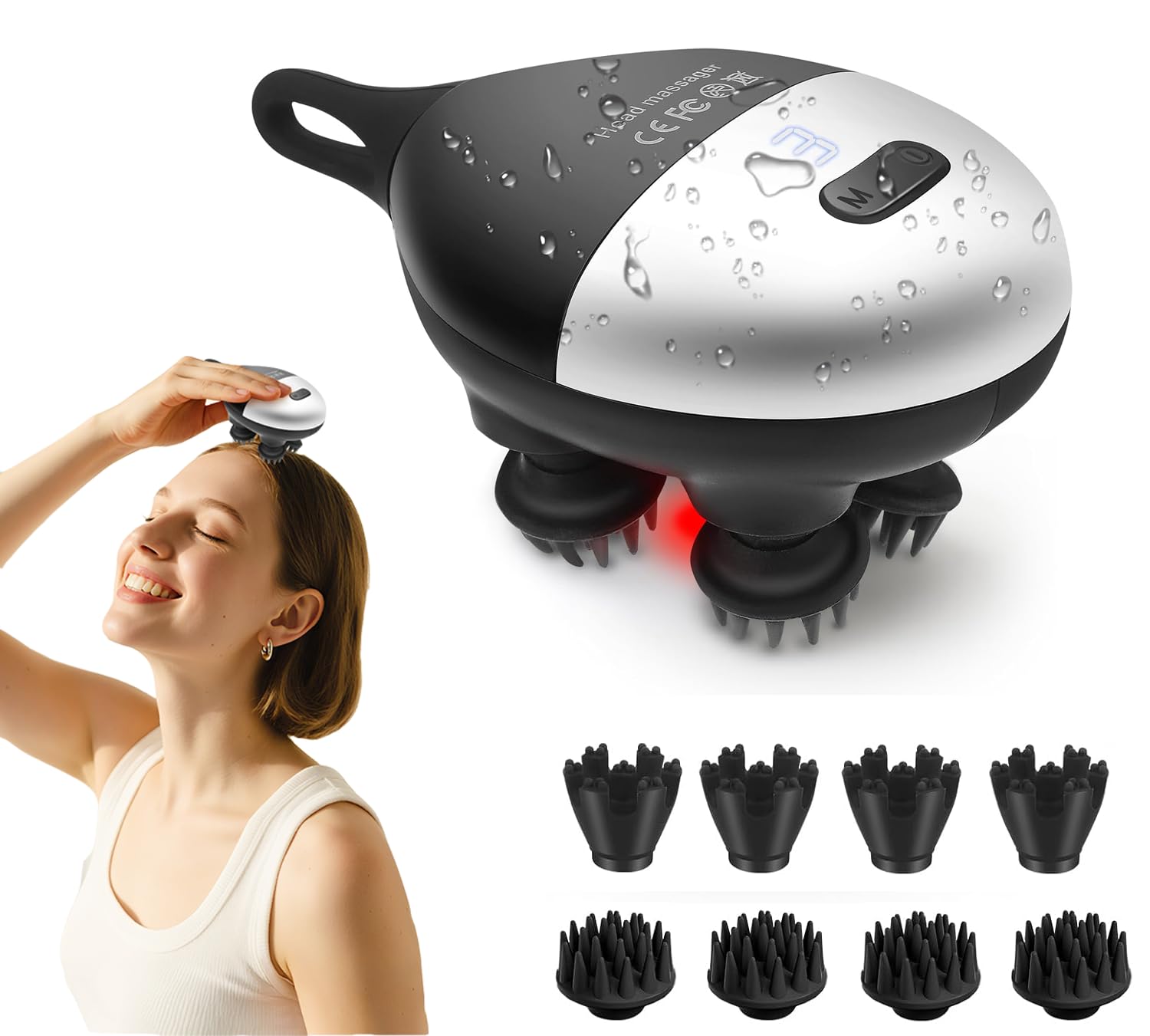 Masajeador Cuero Cabelludo, Masajeador Cabeza Electrico con 8 Cabezales y 3 Modos de Masaje, Impermeable IPX7, Masajeadors Eléctrico para Cabeza para Relajación, Crecimiento Capilar (Negro)