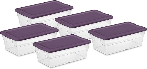 Sterilite Caja de almacenamiento apilable transparente de 6 cuartos de galón con asas y tapa morada para almacenamiento y organización doméstica