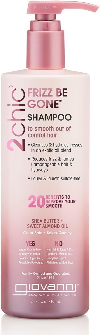 2chic Frizz Be Gone Shampoo - Anti Frizz Natural Hair Smoothing Formula with Shea Butter & Sweet Almond Oil, Macadamia, Coconut, Sulfate & Paraben Free, Color Safe - 24 oz