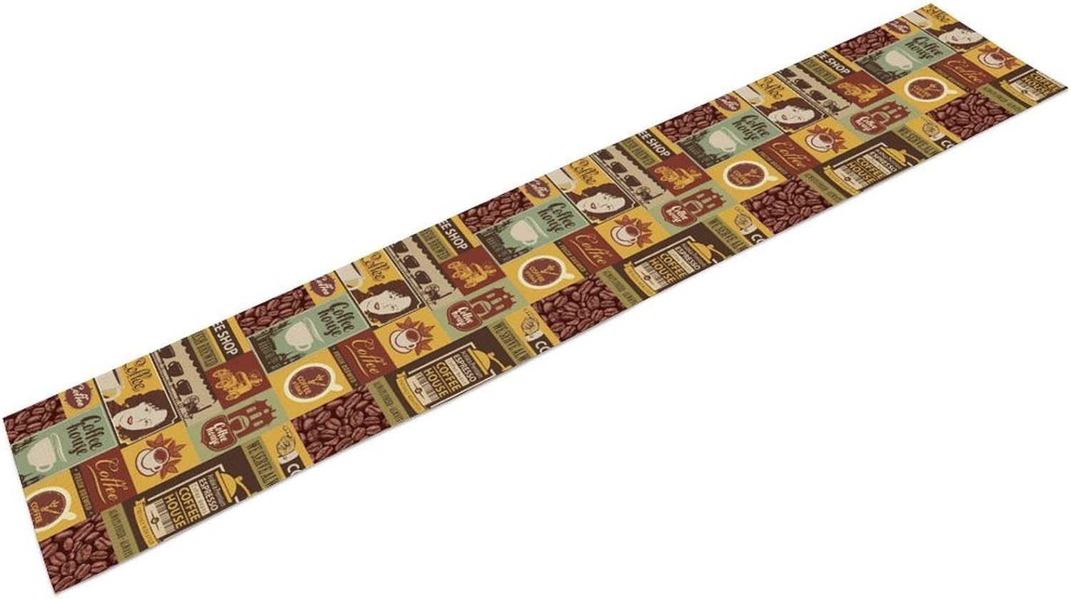Collage Abstract Coffee Table Runner Vintage Mocha Latte Coffee Cup Pattern Table Center Decor for Rustic Cabin Dining Indoor Outdoor Kitchen Wedding Holiday Party Home Decoration 13×108in