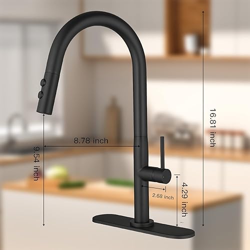 Miniatura 7 de BWE Grifos de cocina con rociador desplegable de 2 funciones de arco alto negro mate grifo de fregadero de cocina de latón de una sola manija con