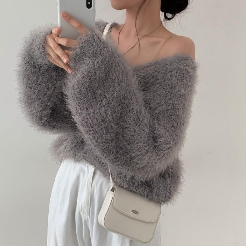 Image of Mohair Cardigan for Women - Fuzzy Open Front Oversized Faux Fur Coquette Sweater