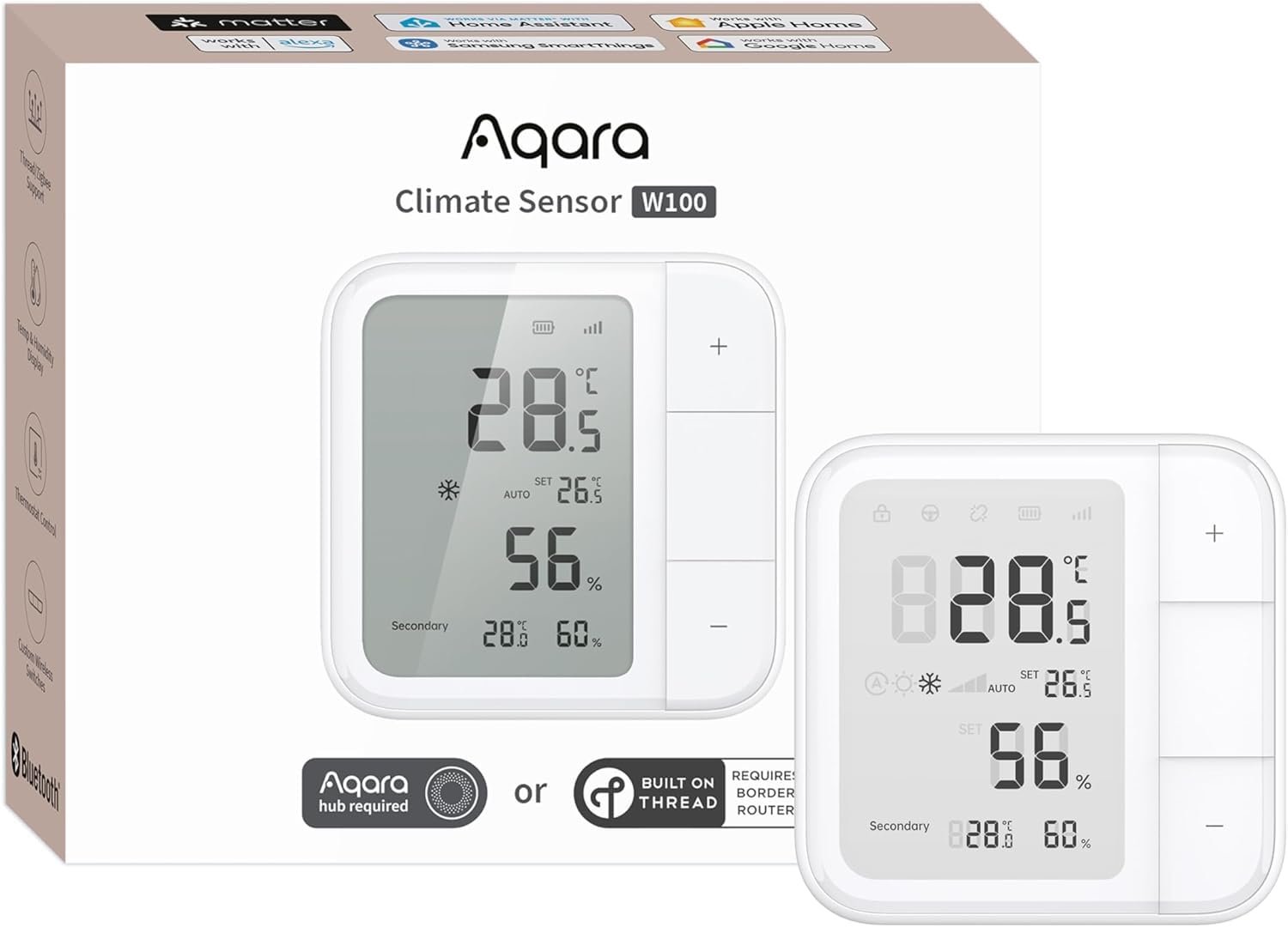 Aqara Raumthermostat W100, Temperatur & Luftfeuchtigkeit Überwachung, Wireless, Fernsteuerung HVAC, 3 Anpassbare Tasten, Matter,Thread/Zigbee, HomeKit, Funktioniert mit Apple Home, Alexa, Google