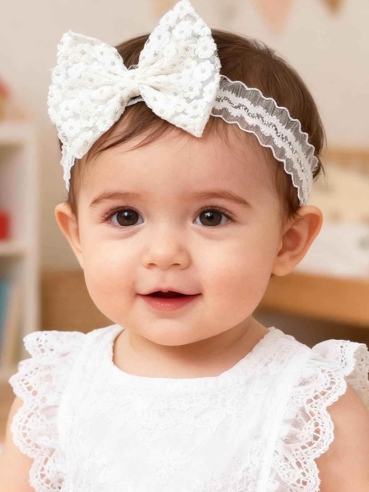 ICKEYOU Baby Girl Bow Lace Headband Cute Soft Hair Band White Butterfly Knot Headbands for Newborns Toddlers Children Christening Birthday Party Hair Accessories (White Flower Bow)