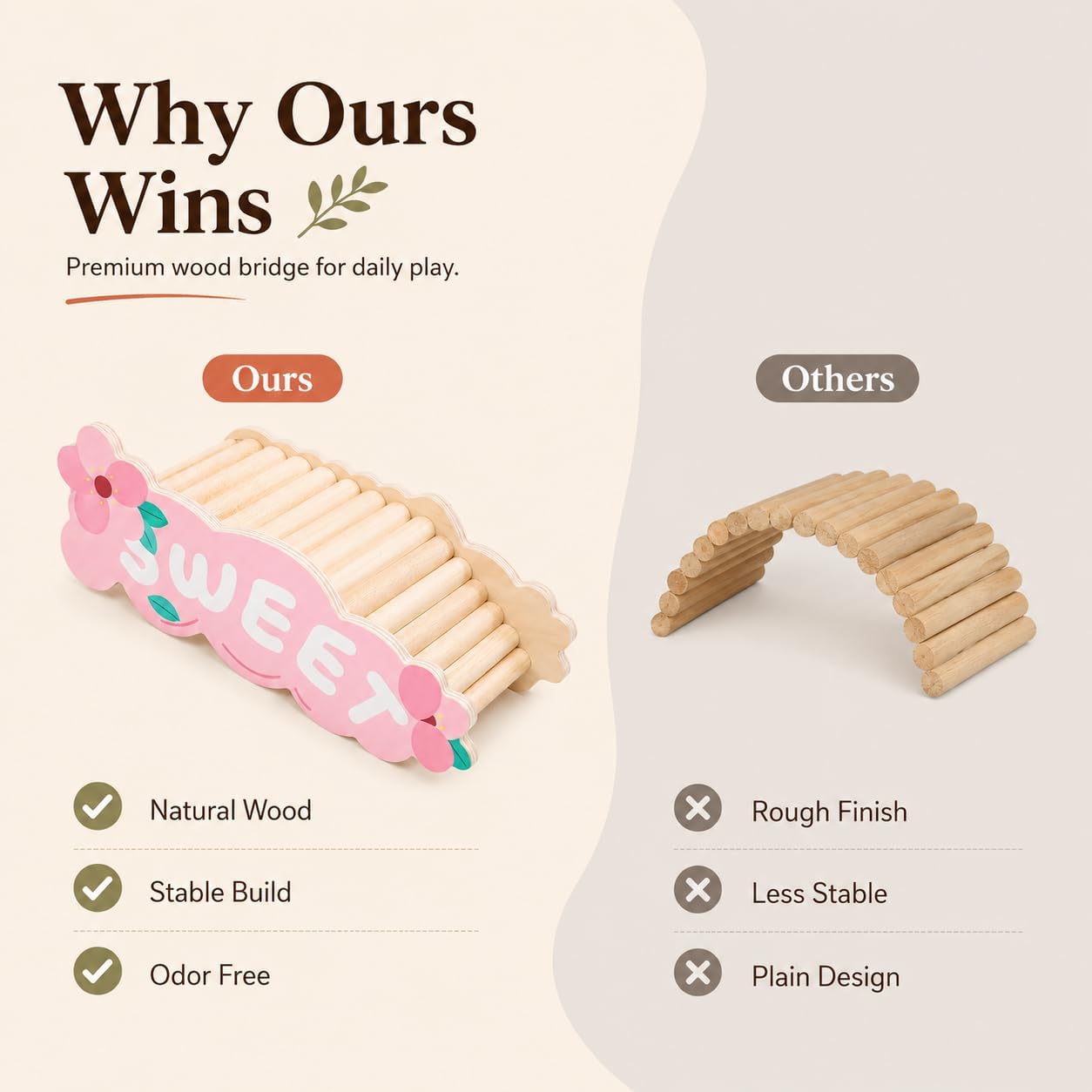 Hamster Bridge Wooden Climbing Toy with Flower Design for Small Animals image 2
