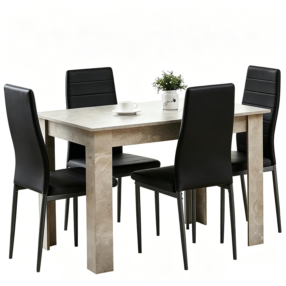 Homullel 5 Piece Dining Room Table and Chairs Set for Dining Room Kitchen, Modern Wooden Dining Table with Chairs for Family Dinner Set (With 4Pcs Black Leather Chairs, 110cm Grey Table) โ image 1
