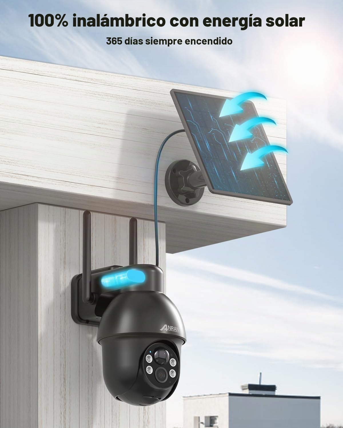 ANRAN 5MP FHD Camara Vigilancia WiFi Exterior con Panel Solar | PTZ 360° Cámara Seguridad, Detección Humana PIR, Visión Nocturna en Color, Audio Bidireccional, Alarma Sirena, Q03 Negro Máx