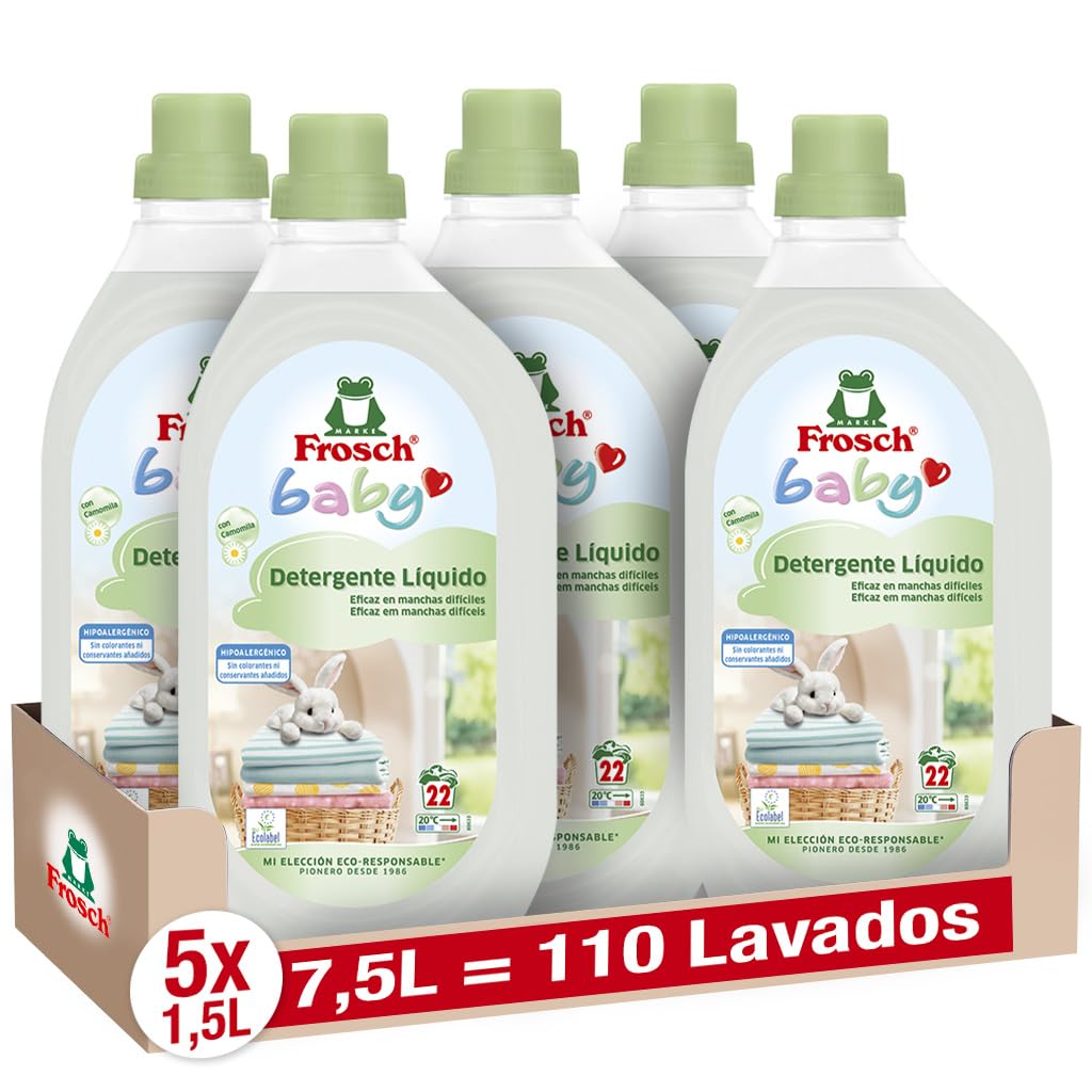 Frosch Baby - Detergente Líquido de Lavadora para Ropa de Bebé, Apto para Pieles Sensibles, Producto Ecológico y Hipoalergénico - Reduce el Riesgo de Irritación - Pack de 5 Unidades x 1.5 L