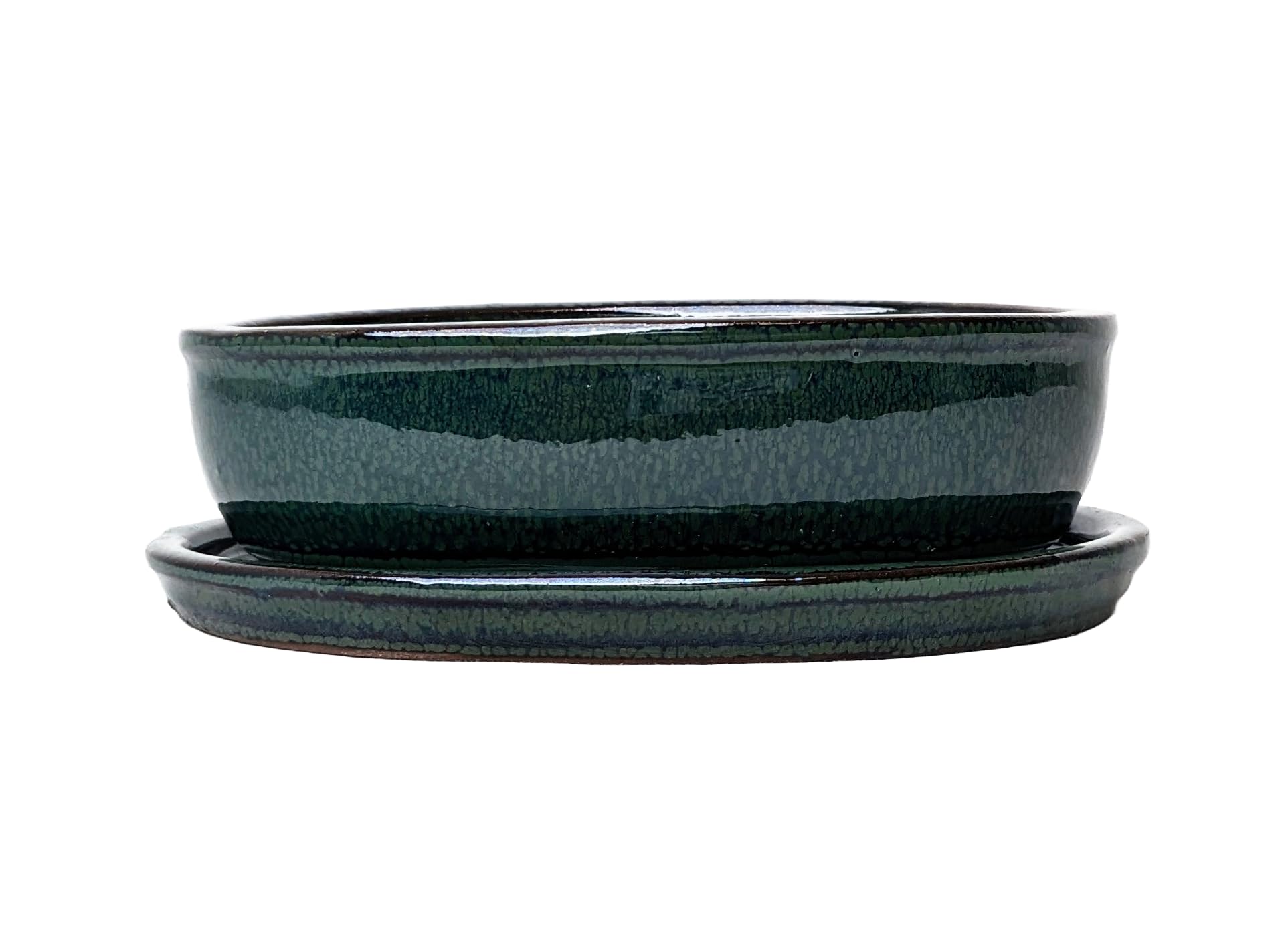 Glazed Ceramic Bonsai Pots with Matching Drip Trays (Bottle Green, 16cm) - Image 2