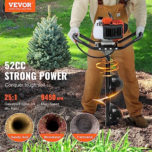 Image of VEVOR Post Hole Digger,52cc 1450W Auger Digger,Gas Powered Earth Digger with Two Drill Bit 6''& 10''and 3 Extension Rods,for Farmland,Garden and Plant,EPA Certification,Black+Orange+White