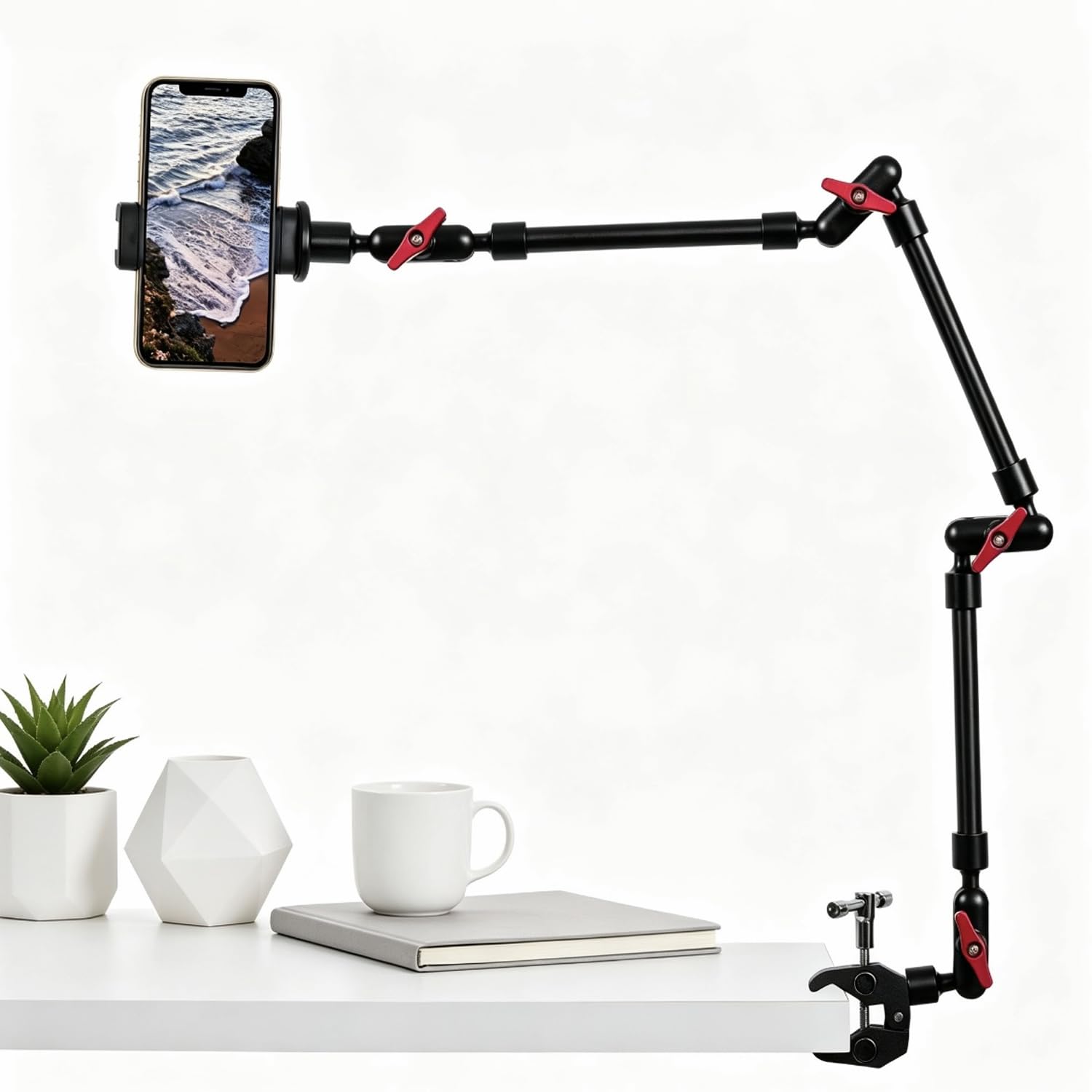 Braccio magico articolato regolabile con morsetto e clip di supporto per telefono per supporto da scrivania, supporto da scrivania, treppiede per telefono cellulare (3 bracci+morsetto+clip)