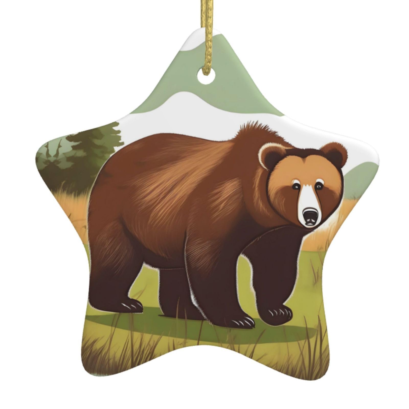 Brown Bear Walking Christmas Ceramic Star Pendant with Punched Holes and Gold Wire Rope, Christmas Tree Home Decoration