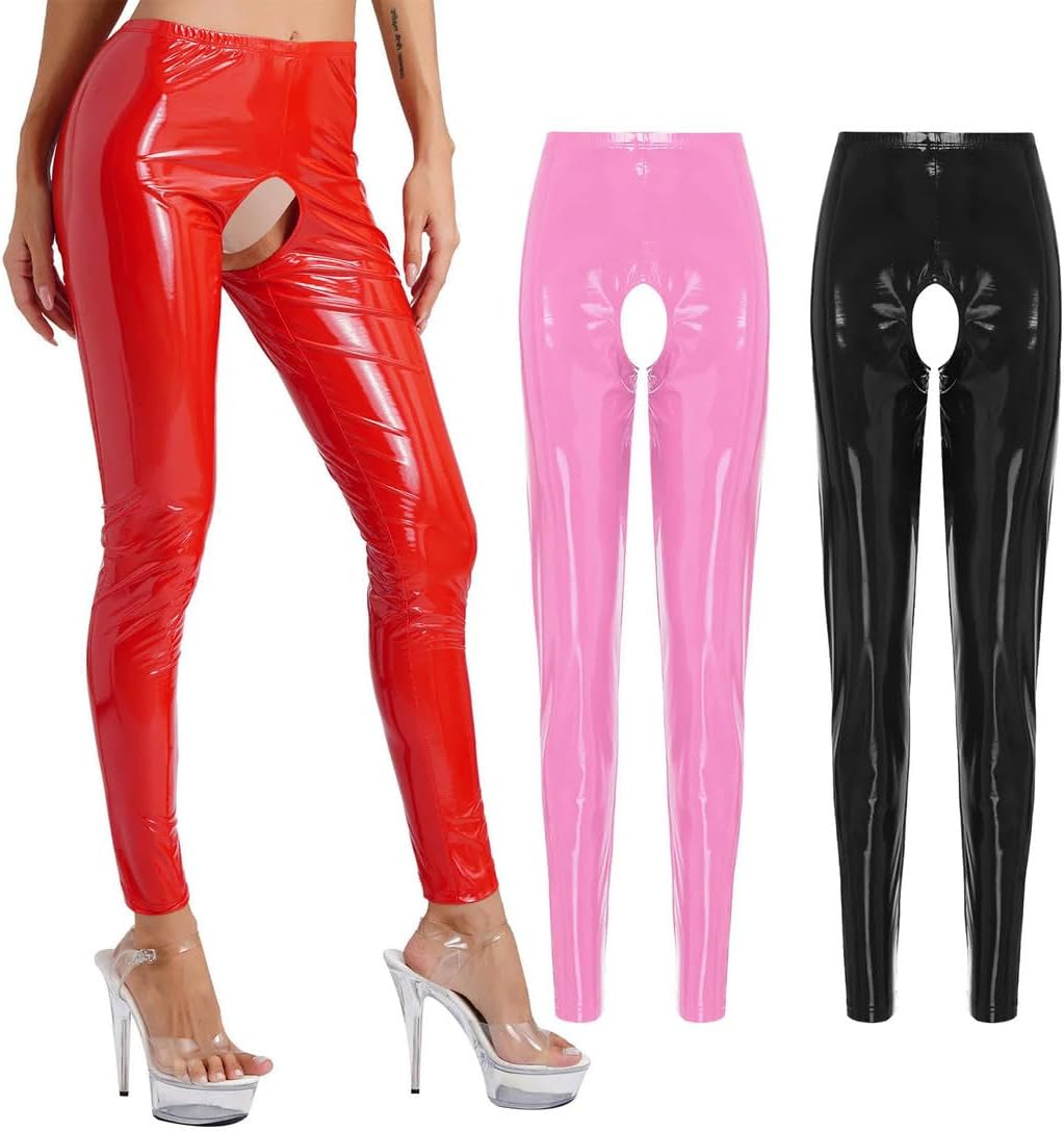 Women Glossy Leather Crotchless Pants Dance Elastic Waistband Leggings High Waist Long Pants Clubwear