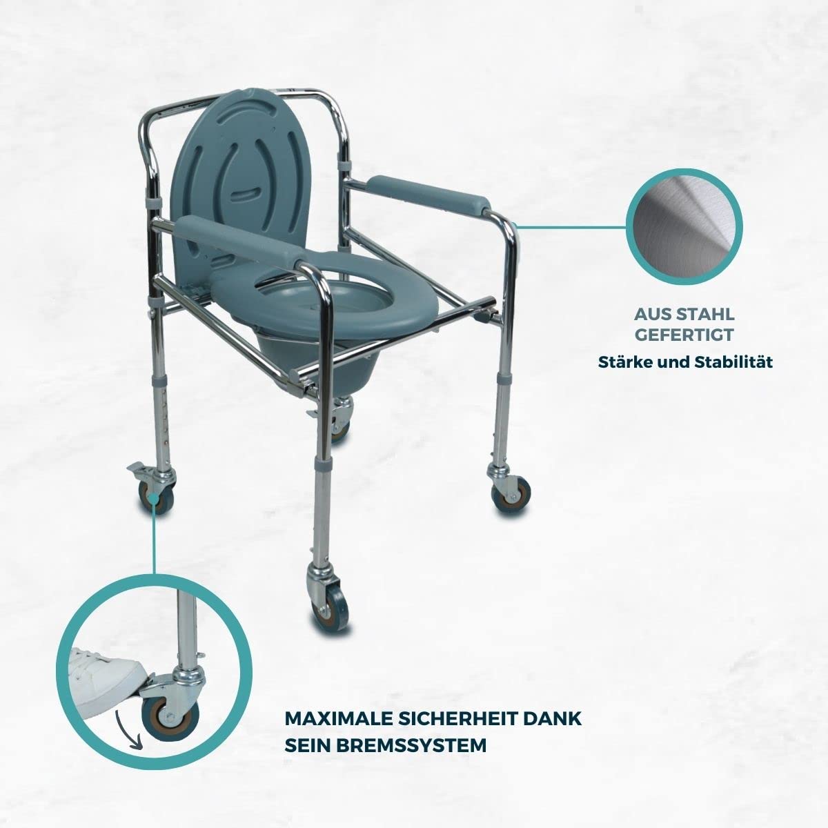 Mobiclinic®, Toilettenstuhl, Faltbar, Tragbare Toilette, Abnehmbarer Eimer, Armlehnen, Ergonomischer Sitz, bis 100 kg, Räder mit Bremsen, Rutschfeste Füße, Stahl, Leicht, Muelle
