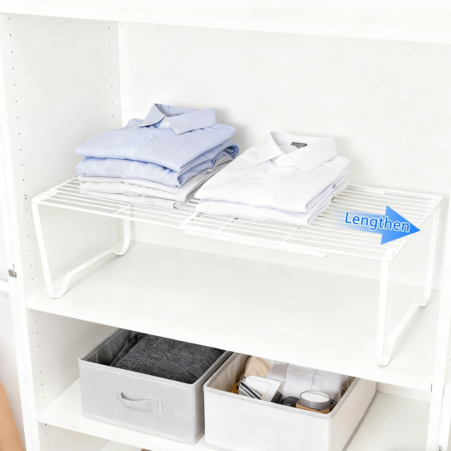 Extendable Metal Wire Shelf Organizer - Adjustable 15-24.4in Length, Stackable Storage Rack for Kitchen, Pantry, Bathroom, Shoe Cabinet & Tool Closet (2 Pack, White)