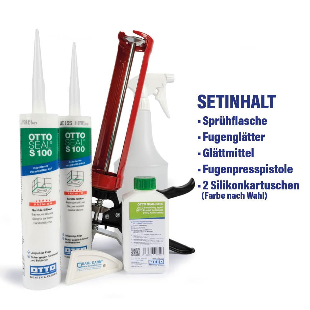 Karl Dahm OTTOSEAL S100 - Set di 2 cartucce di silicone sanitario premium + pressa per fughe, levigante, piastra per fughe e flacone spray, resistente alla muffa, ai raggi UV (C18, art. n. 13118)