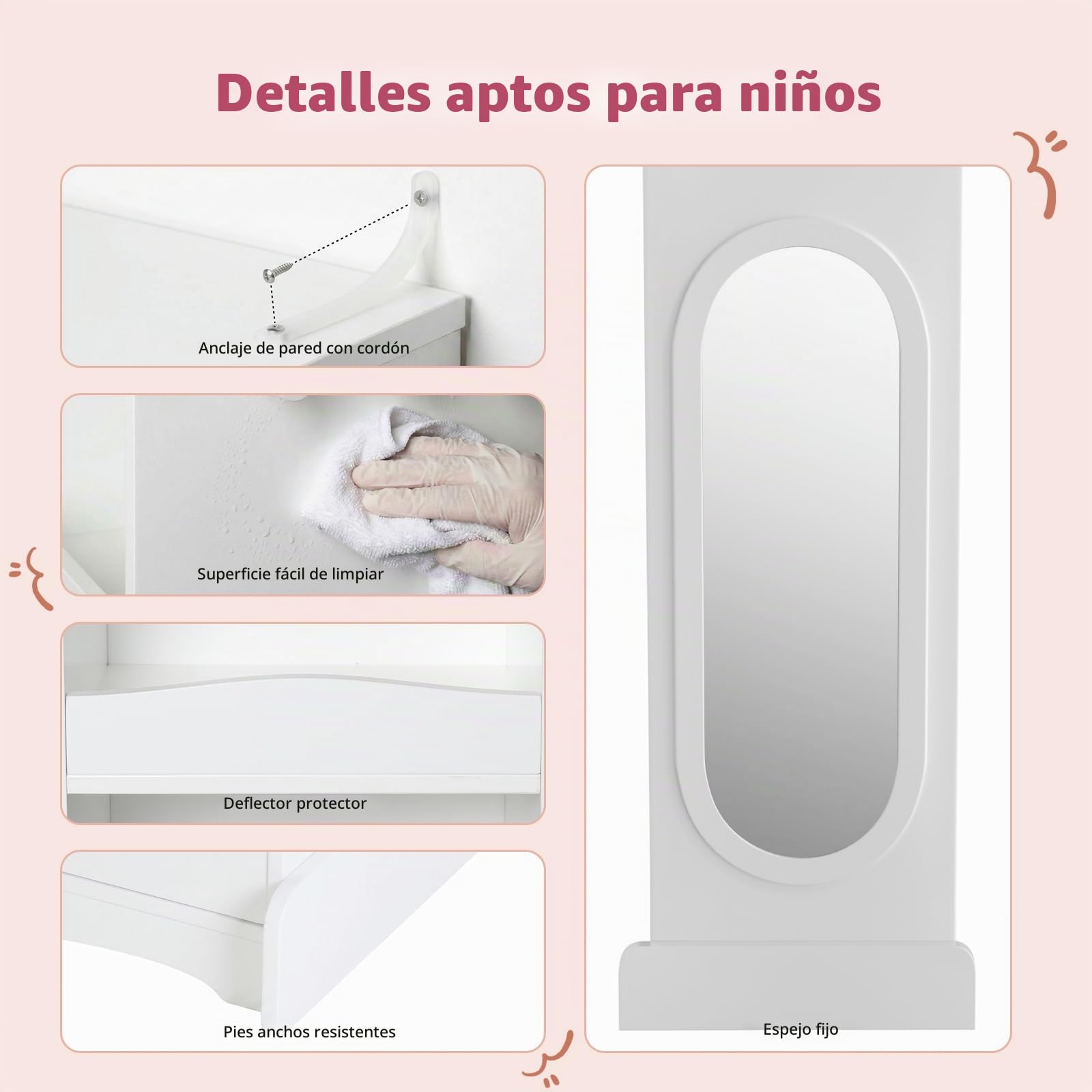 VOWNER Armario Infantil con Espejo, Armario de Ropa con Tejado, Perchero Infantil, Guardarropa Infantil, Mueble Montessori (Blanco)
