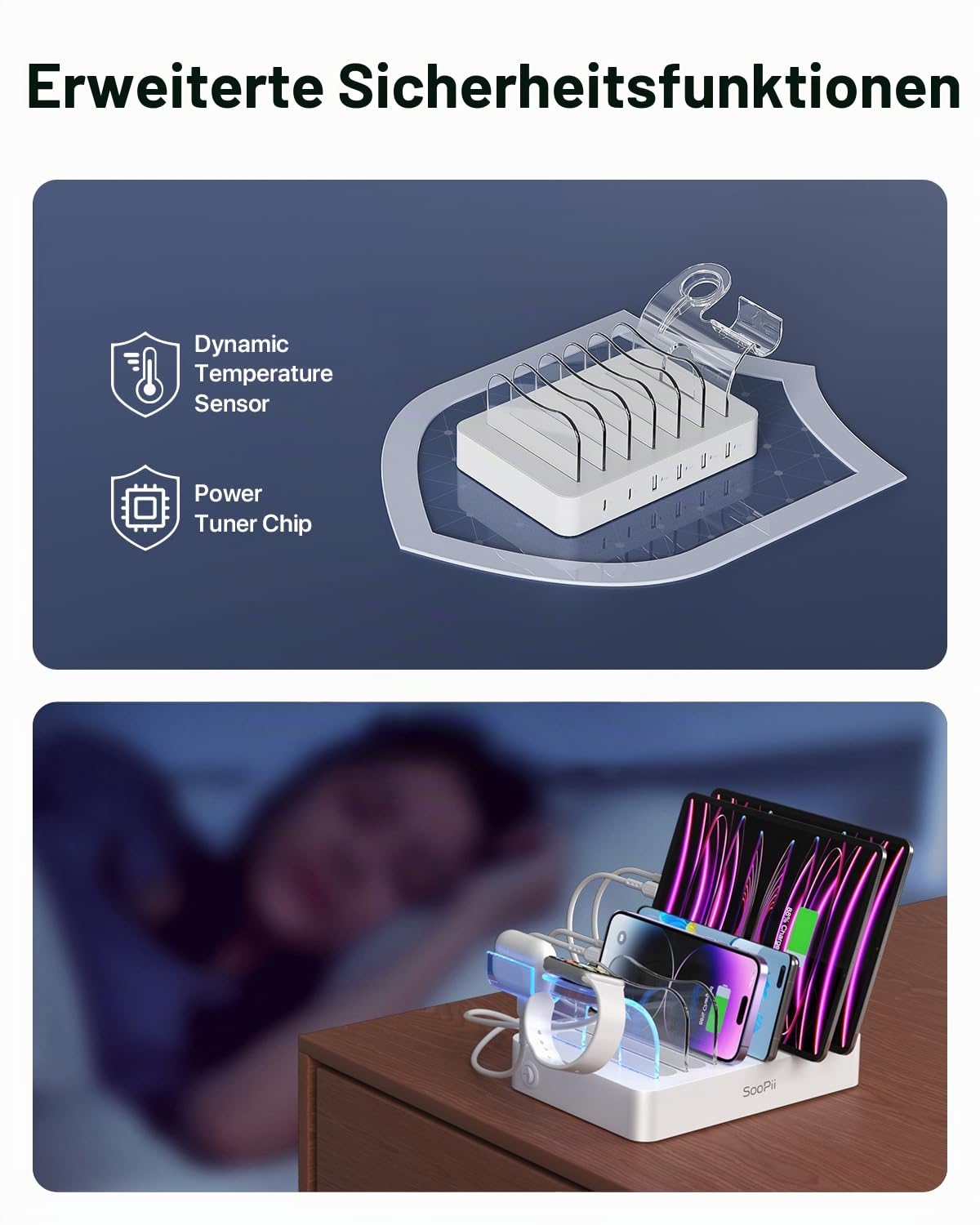 SooPii 50W 6 Ports USB-Ladestation Organizer für mehrere Geräte mit 6 Kabel