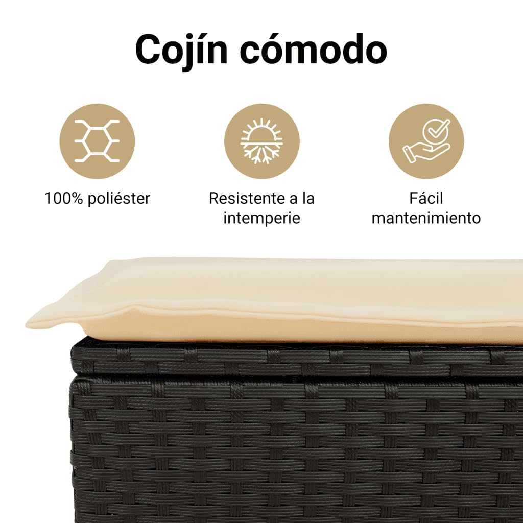 vidaXL Taburete de Jardín con Cojín, Reposapiés con Funda Extraíble, Asiento de Exterior, Taburete para Patio Terraza, Ratán Sintético Negro