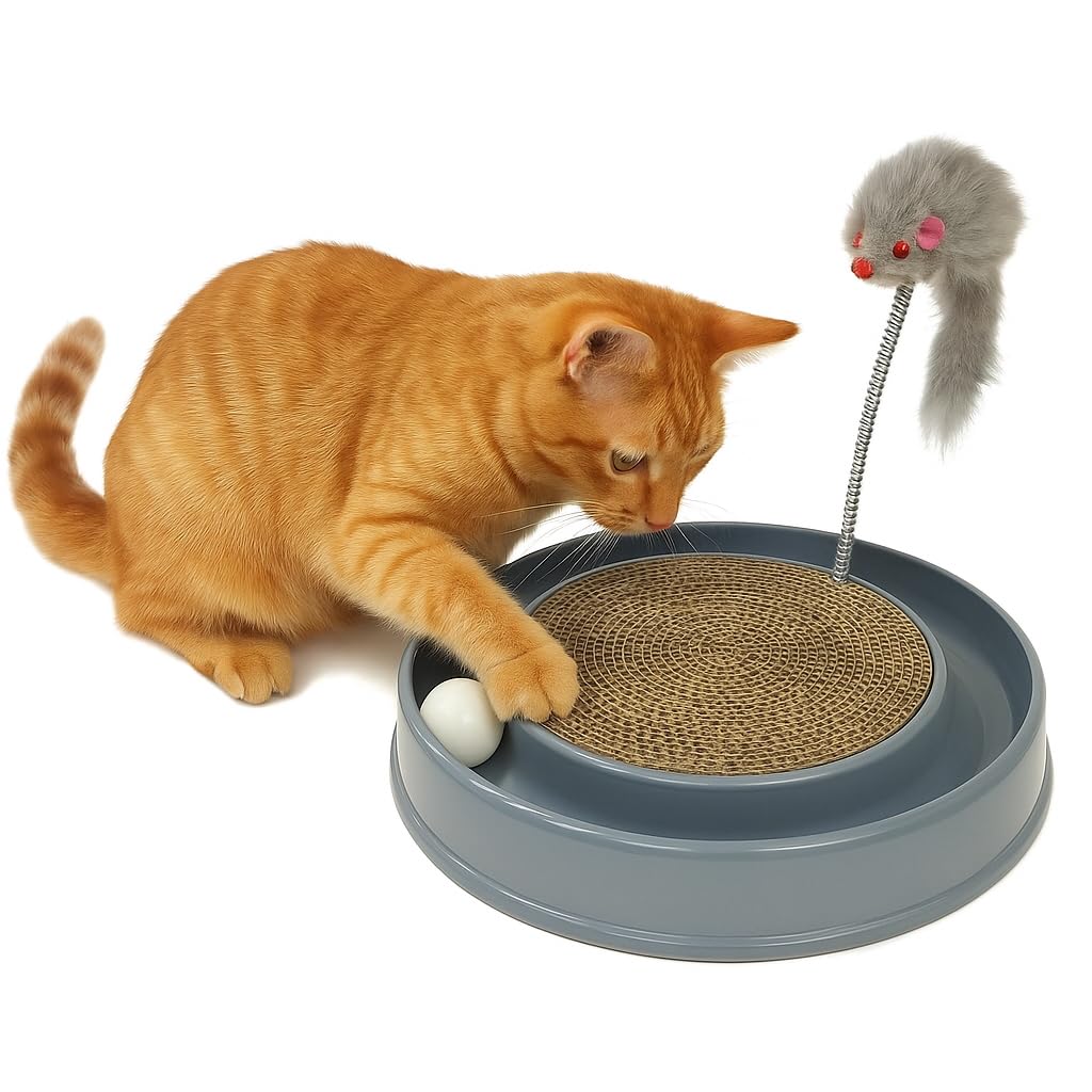 MCT PETS Cat Scratcher Pad with Toy Ball & Post – Durable Cardboard Scratching Post for Indoor Cats, Mental Stimulation & Furniture Protection