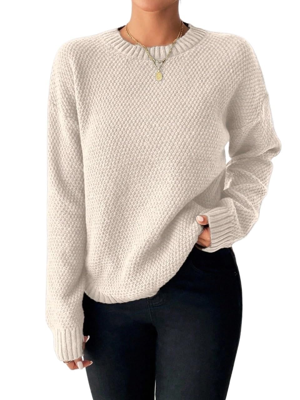 Womens Long Sleeve Pullover Sweaters Top Casual Loose Fit Drop Shoulder Crew Neck Sweater Autumn Outfit Knitwear