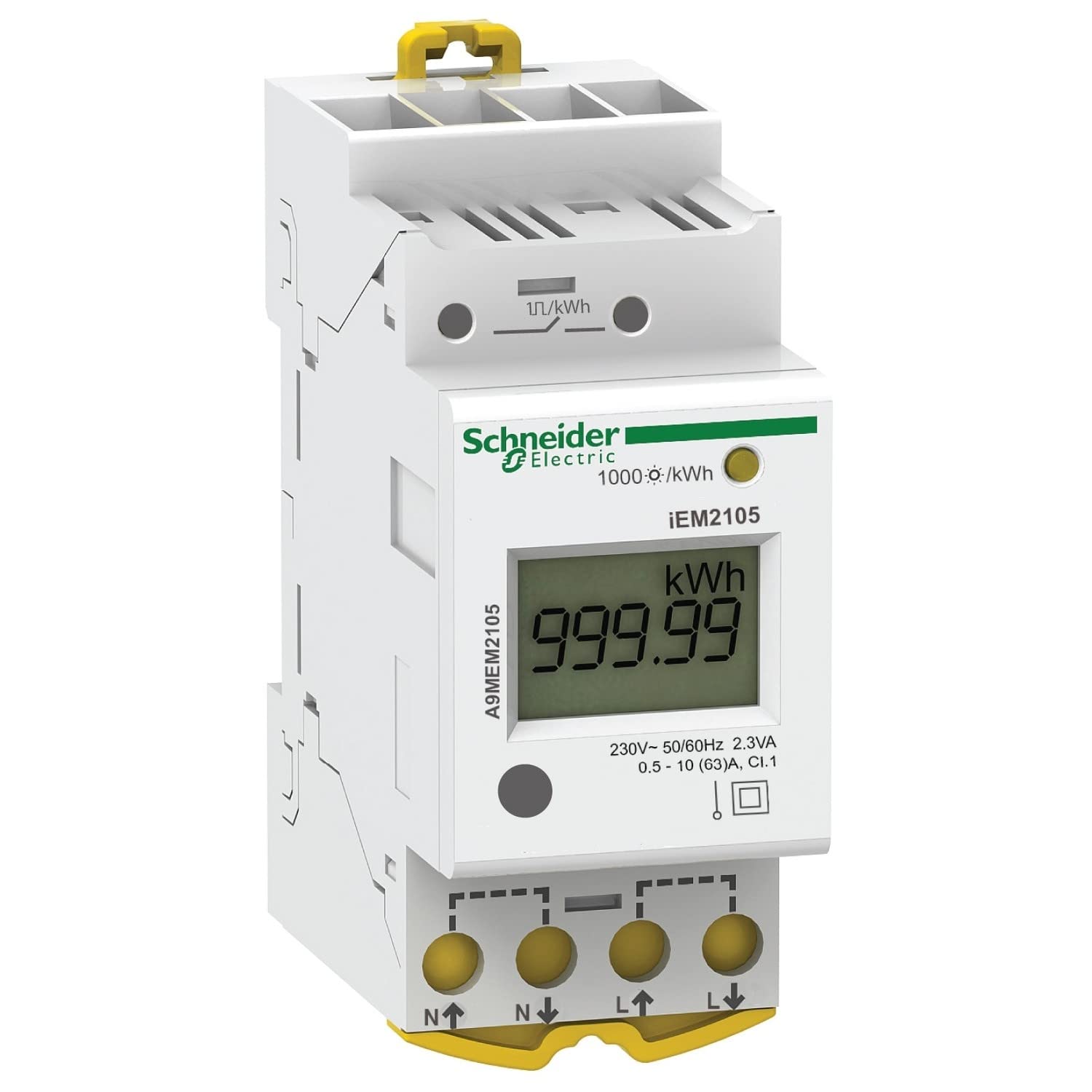 Schneider Electric A9MEM2105 iEM2105 Contador Monofásico Modular Hasta 63A con Salida de Pulsos, 65mm x 81mm x 36mm, Blanco