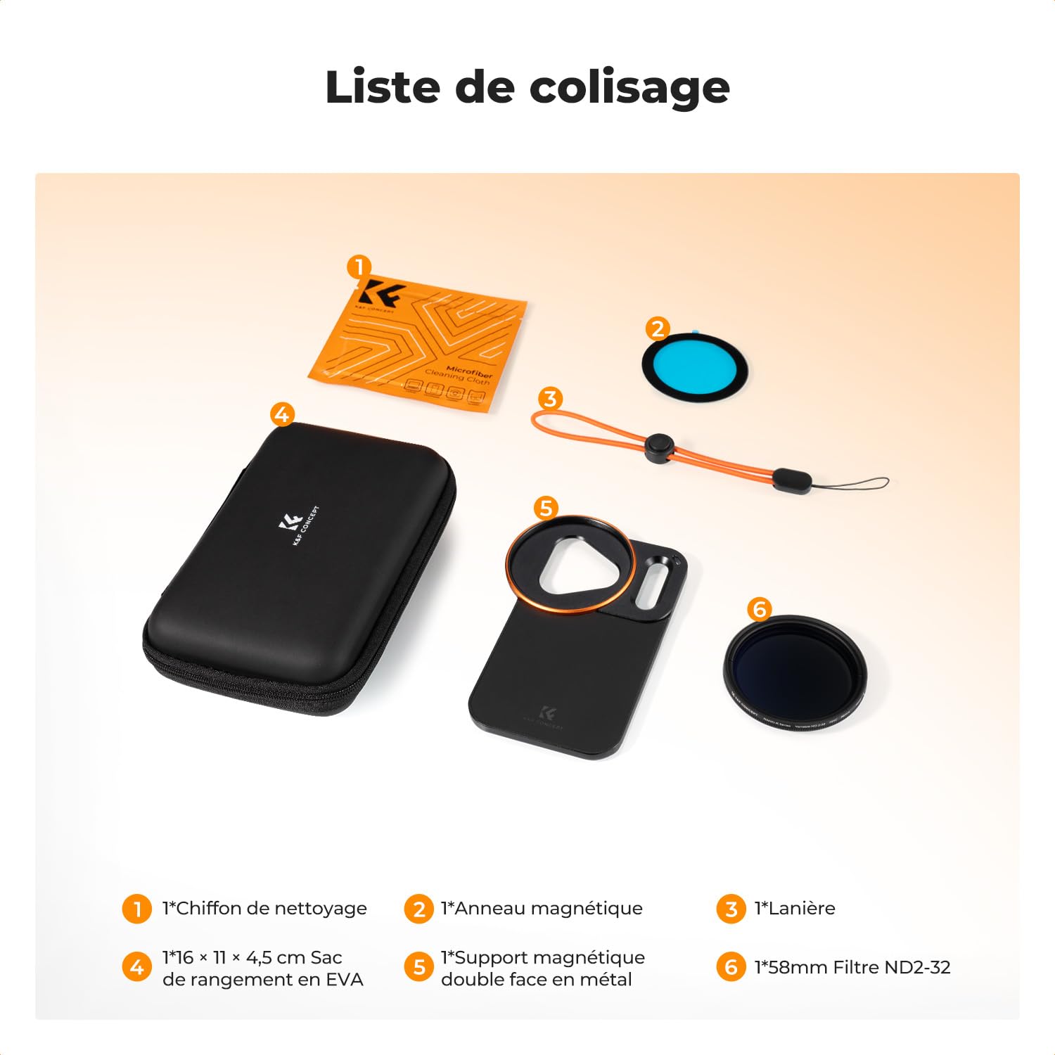 K&F CONCEPT Adaptateur de Filtre Magnétique Double Face avec Filtre ND2-32 Variable de 58 mm Compatible avec iPhone 17 Pro et Filtres filetés de 58 mm, Compatible avec Lentilles iPhone