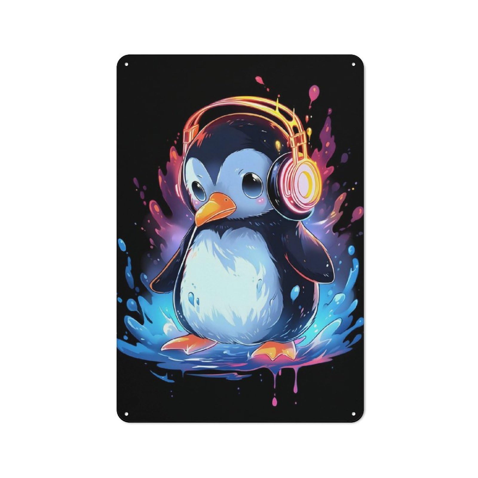 Junmoney Penguin Headphones Drip Tin Sign 30X20cm With For Workshop Wall, Retro Decor, For Metal Sign Collectors, For Cafés, Pubs And Restaurants