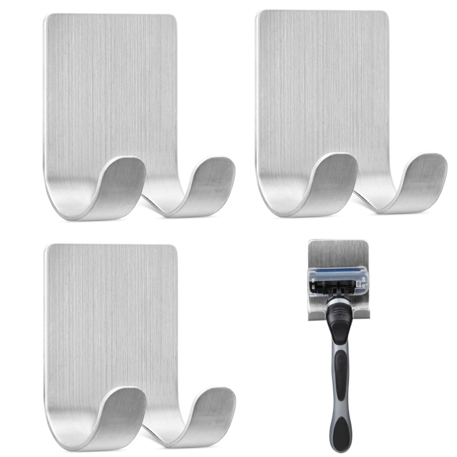 Bobozhong Siliver 3 Pcs Waterproof Self Adhesive Stainless Steel Shaver Holder For Shower, Multi-Purpose Hook For Shaving Razor, Plug Keys, Kitchen Utensils, Towel, Robe