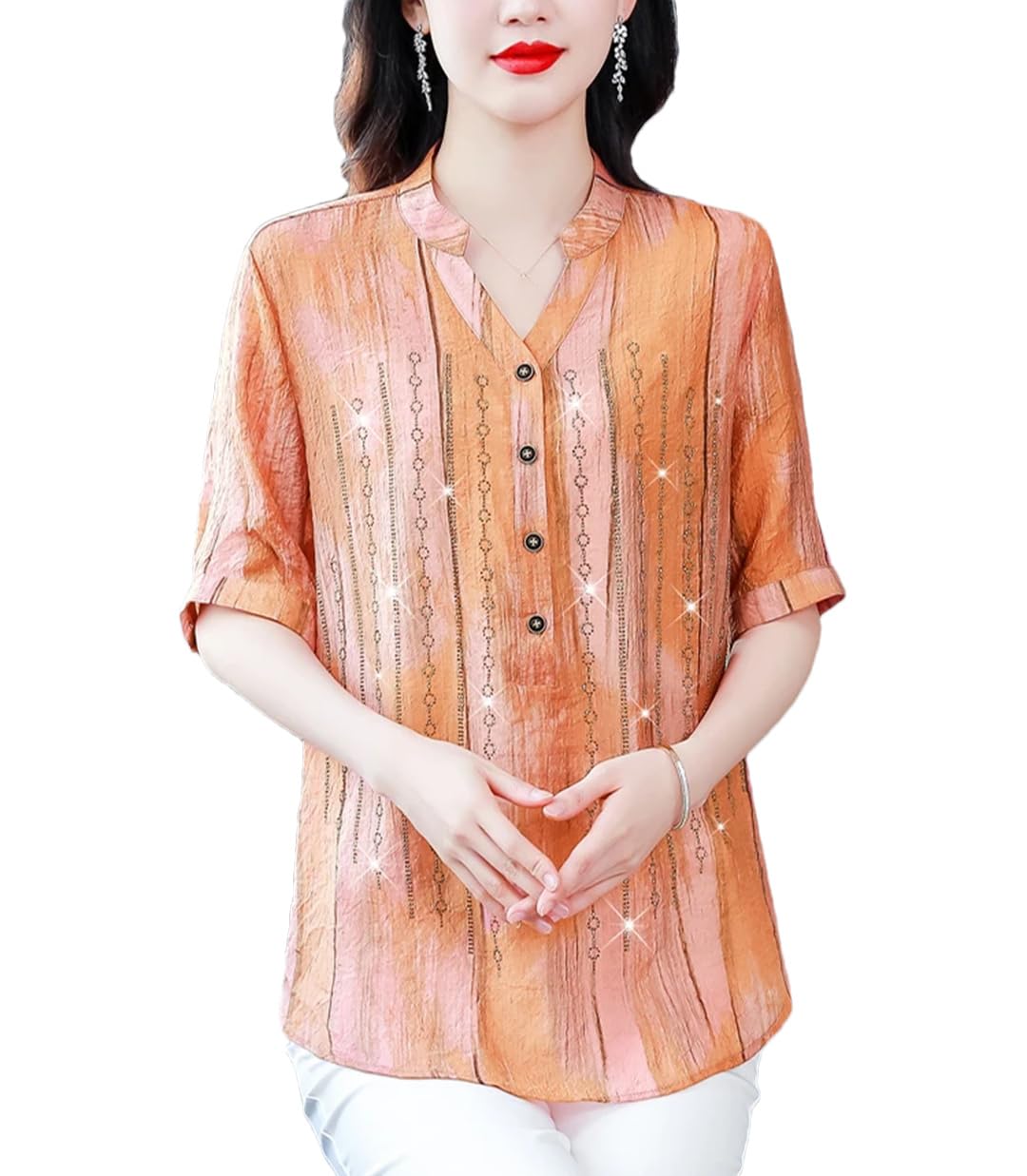 Top estivo da donna in chiffon stampato, scollo a V, ampio, con stampa a diamante, sottile