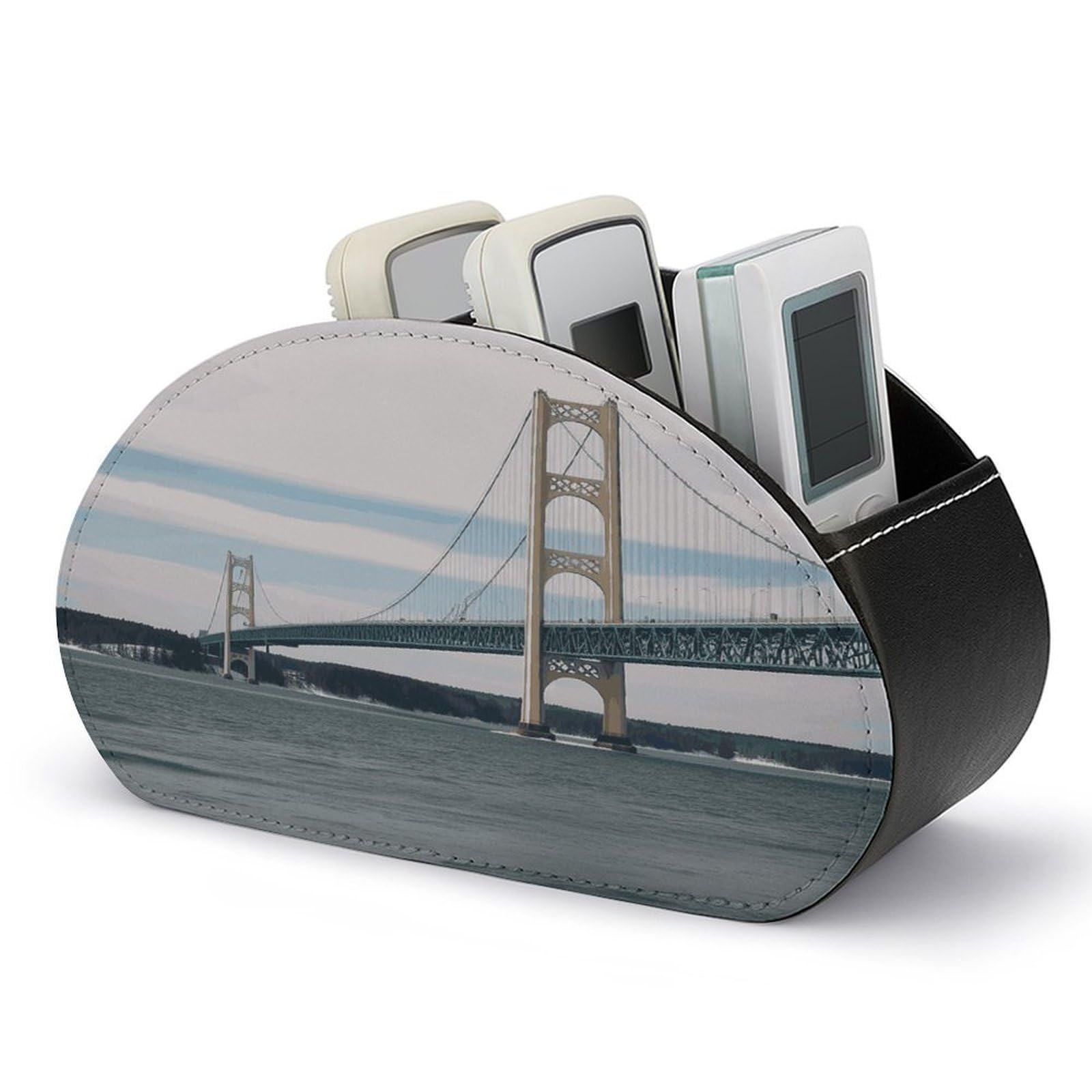 LDGSUPH Mackinac Suspension Bridge Remote Control Holder with 5 Compartments PU Leather TV Remote Caddy Storage Box Multi-functional Desk Storage Organizer Box Anti-slip Desktop Caddy