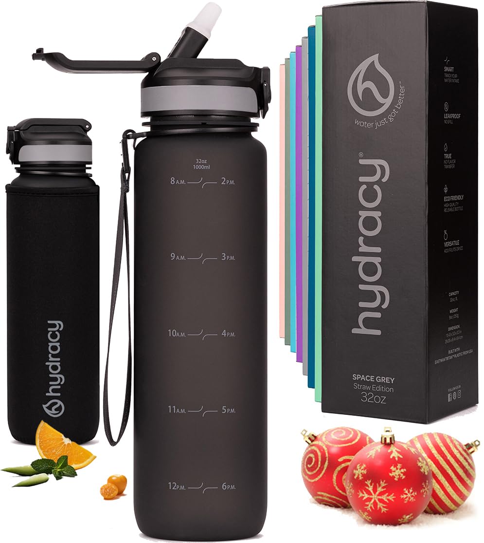 Hydracy Water Bottle with Times to Drink & Straw - Large 32 Oz BPA Free Motivational Water Bottle & No Sweat Sleeve -Leak Proof Gym Bottle with Time Marker - Ideal for Fitness, Sports & Outdoors