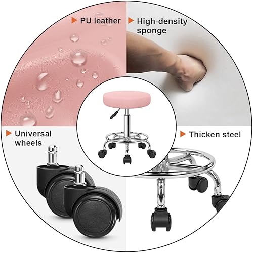 Miniatura 5 de KKTONER Taburete rodante redondo de piel sintética con reposapiés, ajuste de altura giratorio, spa, salón de dibujo, tatuaje, trabajo, oficina,