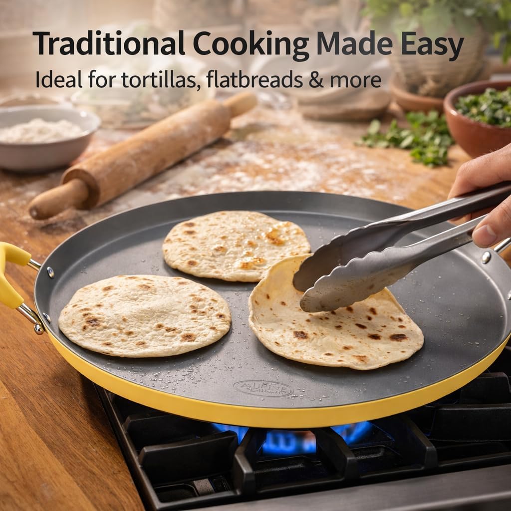 Alpine Cuisine 14-Inch Round Comal Griddle Pan, Ceramic Nonstick Carbon Steel for Tortillas & Crepes, Matte Gray with Lemon Drop Yellow Handles