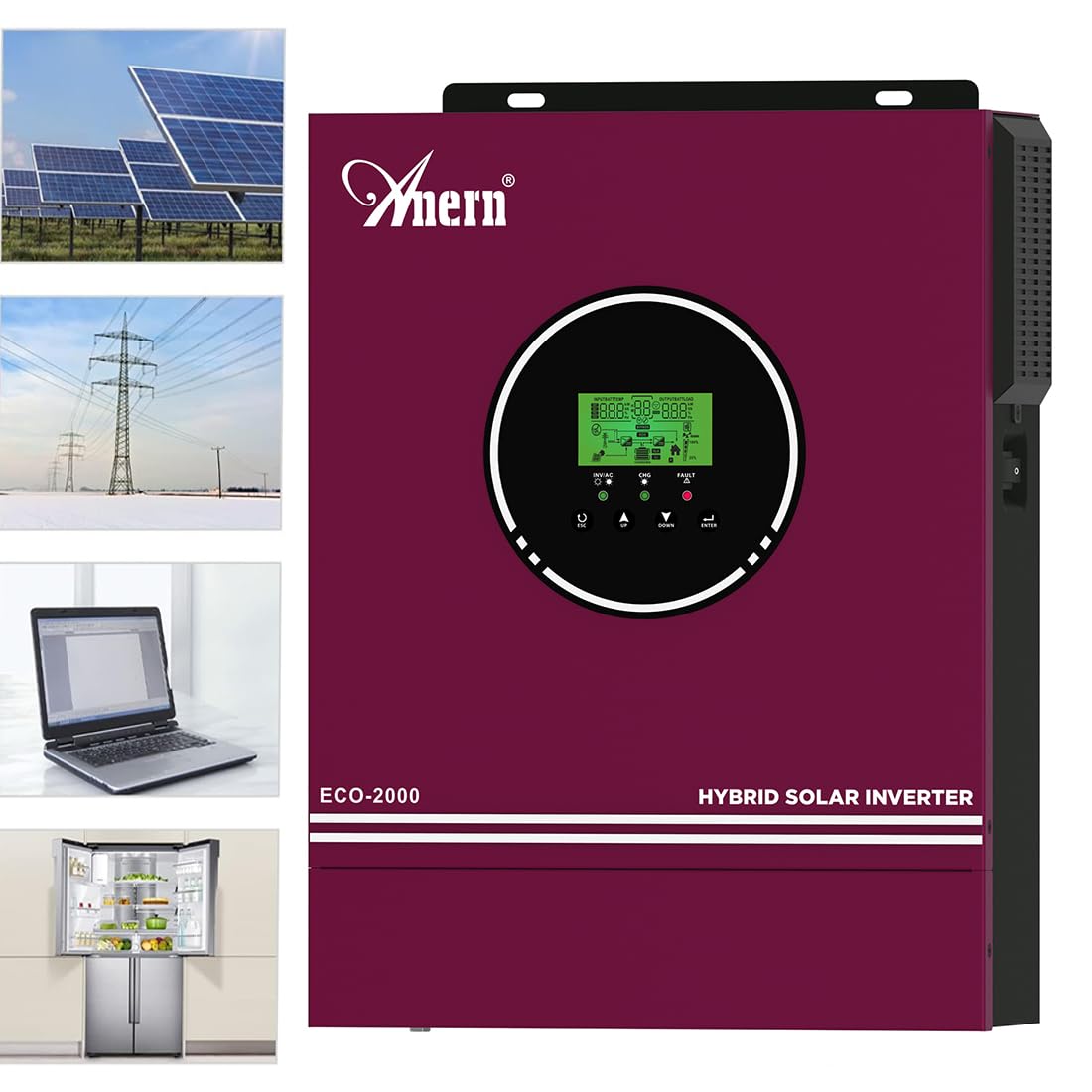 Anern 2000W 2KW Solar Wechselrichter Hybrid 12VDC bis 230VAC 2000W, Integrierter MPPT 80A Solar Ladegerät, Max. 400V PV Eingangsspannung, Betrieb mit Blei- und Lithium-Batterien (2KW)