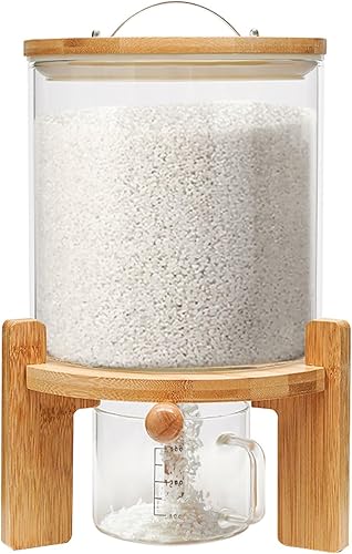 Miniatura 5 de Xuthusman Contenedor hermético de almacenamiento de alimentos secos, dispensador de arroz de cereales con tapas redondas de bambú, taza y soporte (5