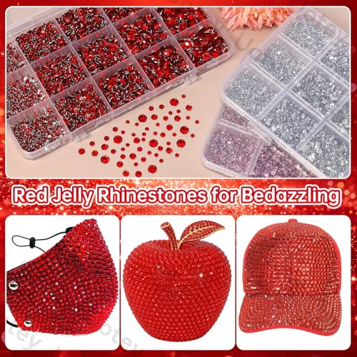 Image of 16000 Pcs Resin Rhinestones for Crafting, Flatback Red Gems Jelly Rhinestones, Mixed Sizes Red Bedazzling Crystal with Pickup Tool for DIY Crafts Clothing Tumblers Mugs Shoes Fabric Nail Art