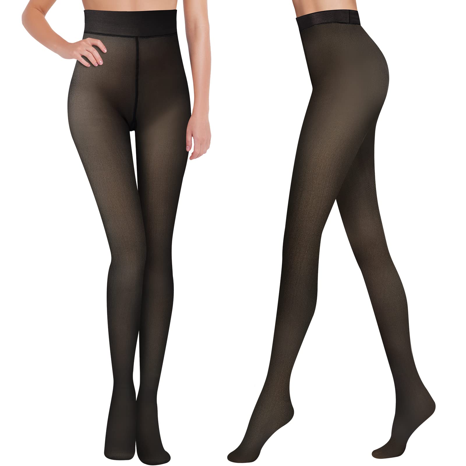 Photo 1 of 1 Pair Fleece Lined Tights Sheer Women Fake Translucent Warm Pantyhose Leggings Sheer Thick Tights for Winter X-Small Black 80g