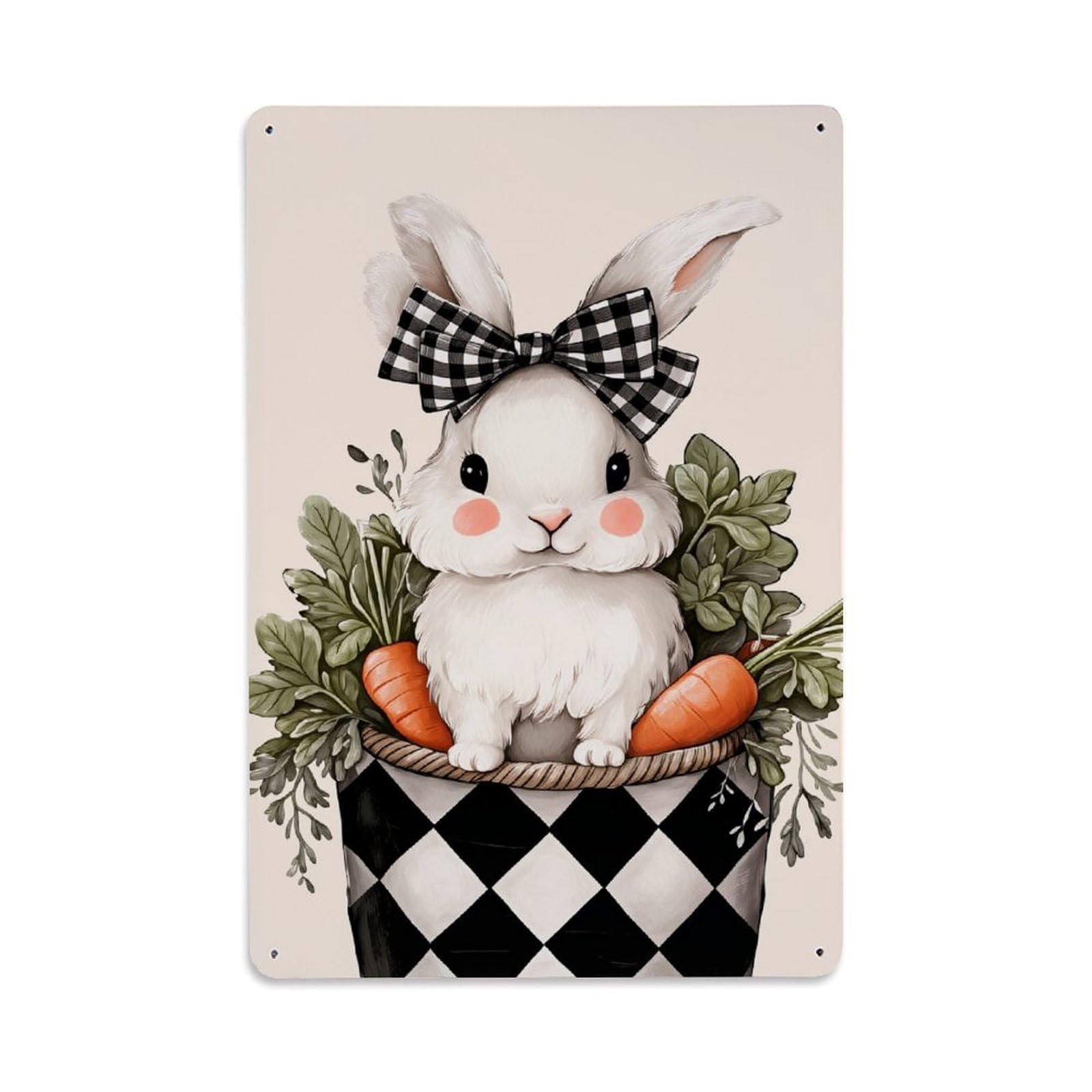Enderetf Vintage Checkered Bow Bunny Carrot Basket Tin Sign Metal Poster, Home Bar Garage Man Cave Cafe Indoor & Outdoor Wall Decoration 8X12inches