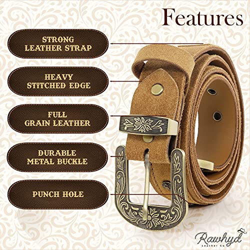 RAW HYD Leather Western Belts for Men - Classic Cowboy Belts for Men w/Embossed Buckle - Adjustable Men’s Western Belt.3