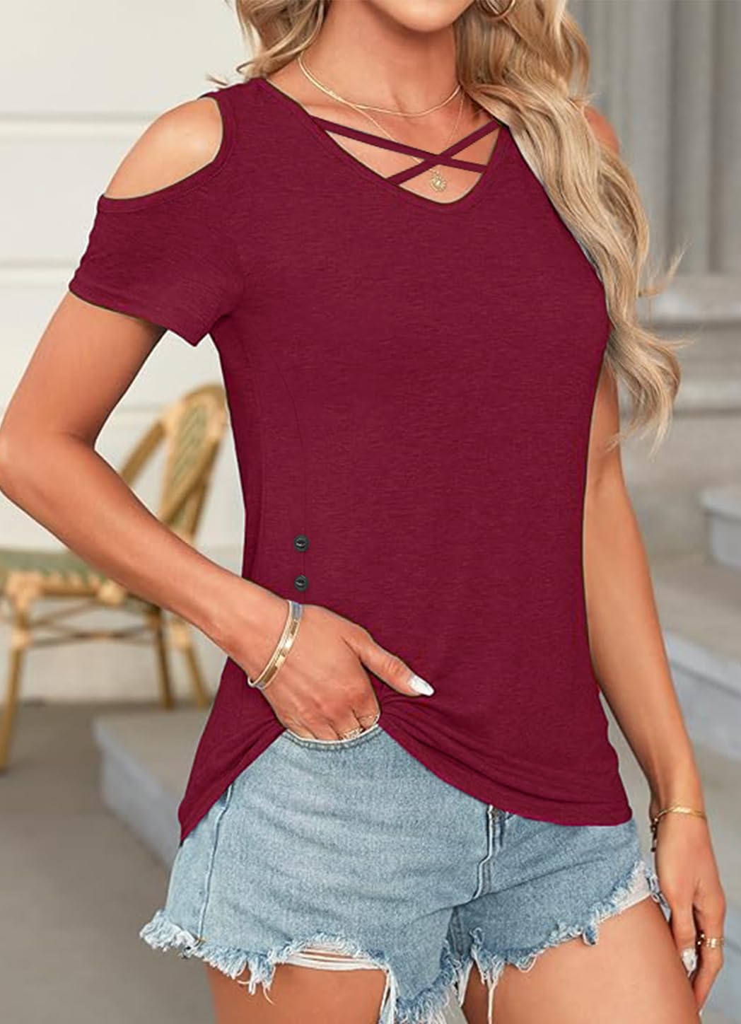 Rayson Estivo Magliette Donna Camicette in Maglietta Scollo a V Manica Corta Elegante off Spalla T-Shirt Incrociata Casual Tinta Unita Top