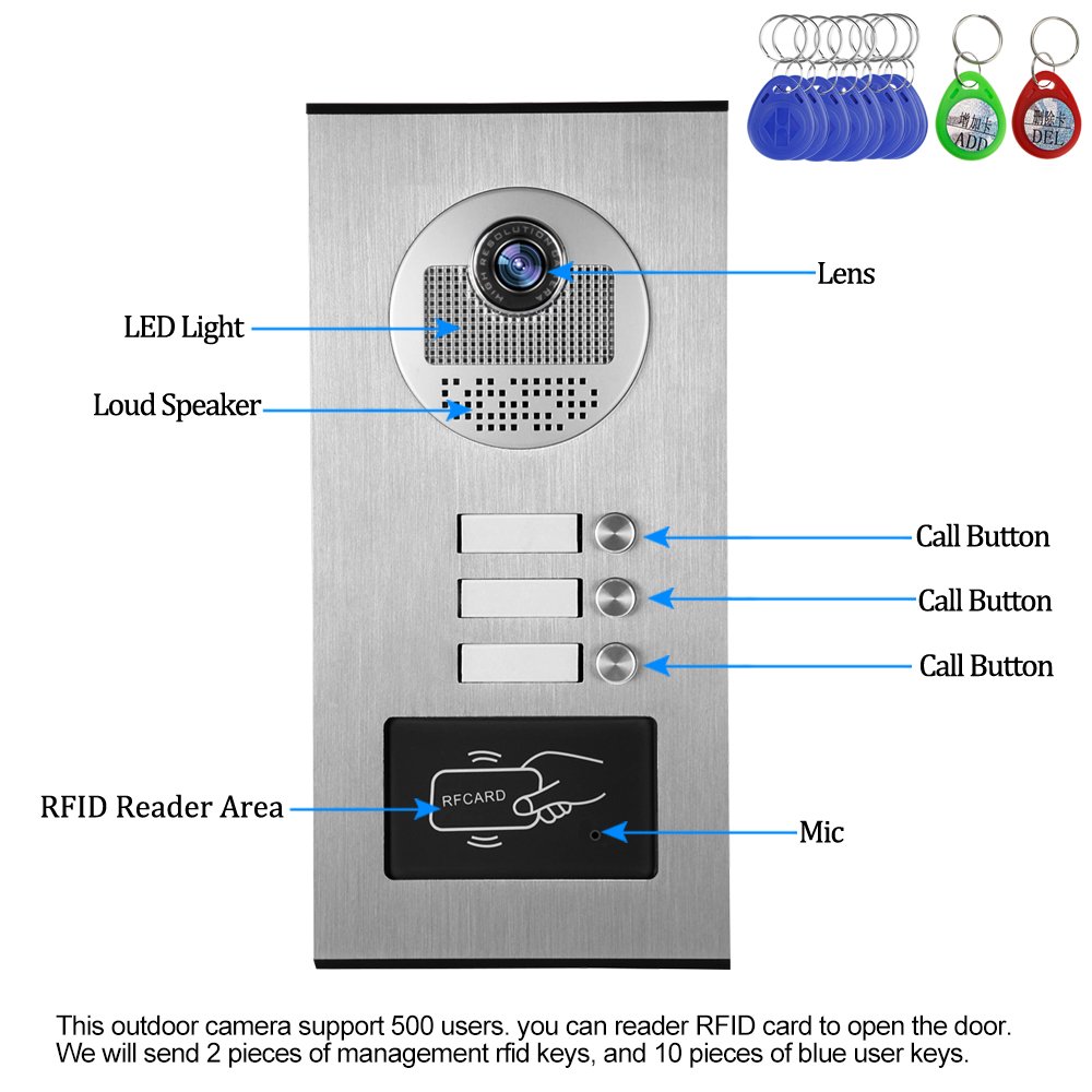 Kit de Sistema de Intercomunicación con Video de 4.3 ", Timbre de la Cámara de Acceso RFID + 3 Monitores Interiores para 3 Apartamentos/Hogar
