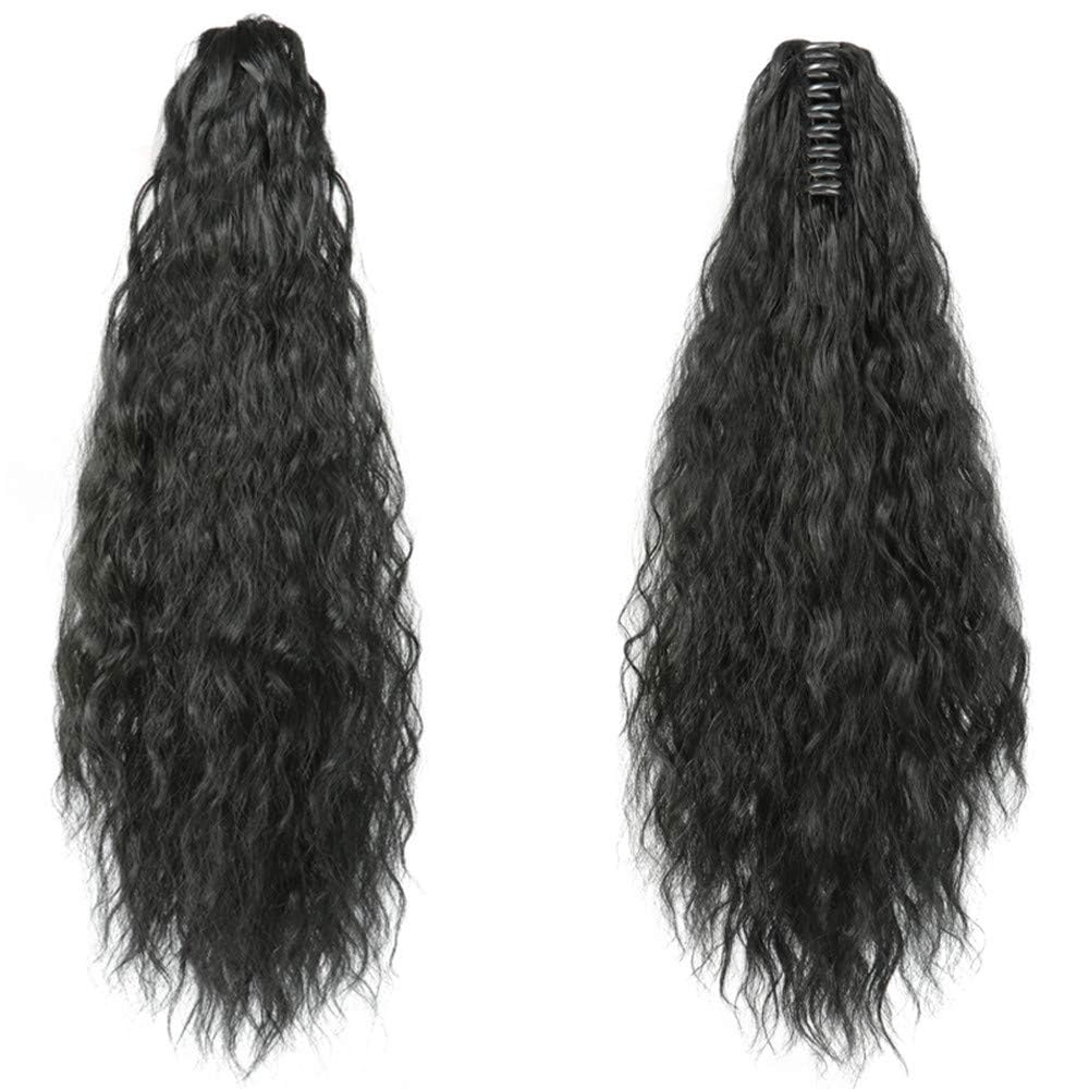 Yoanshop Wavy Ponytail Extension, 22 Inch Corn Wave Pony Tail Synthetic Claw Clip Hair Extainsons Wig Hairpiece for Women Girls Lady (1B# Black)