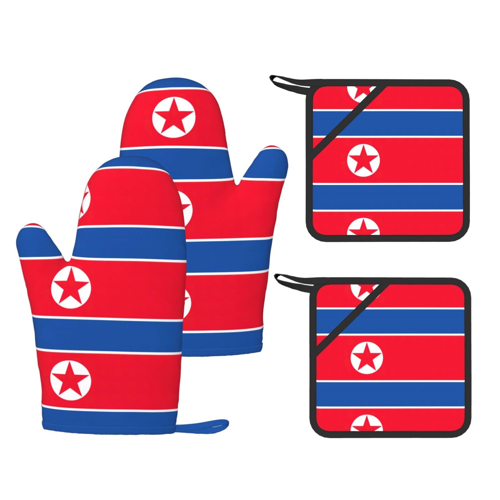 Korean flag Printed Kitchen Oven Gloves and Potholder 4 Pcs, Non-Slip Heat Resistant Mitts for Baking Chef