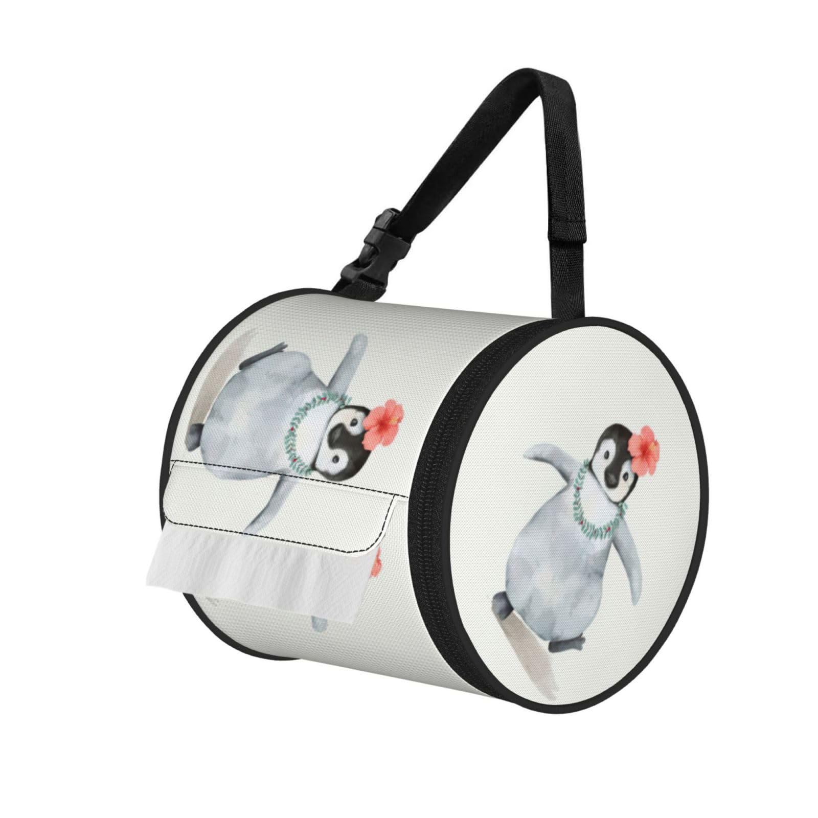 Penguin Wearing Flowers Printed Hanging Tissue Organizer, Smooth Zipper Oxford Cloth Roll Holder for RV Bathroom Desk